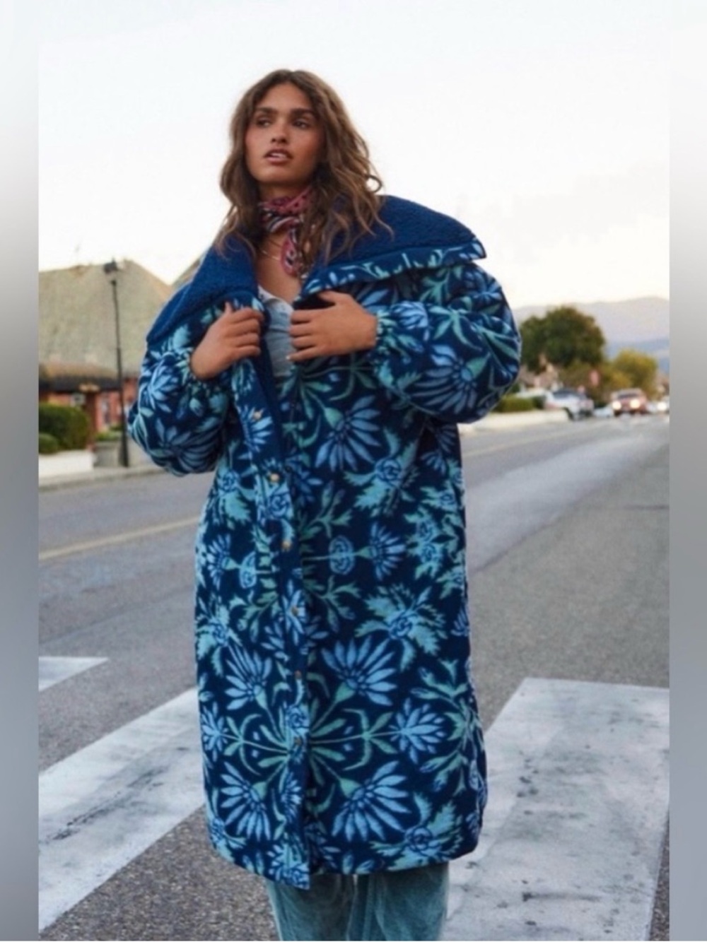 Free People Blue Floral Plush Coat